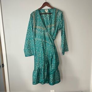 Women’s Silk Teal Patterned Wrap Dress